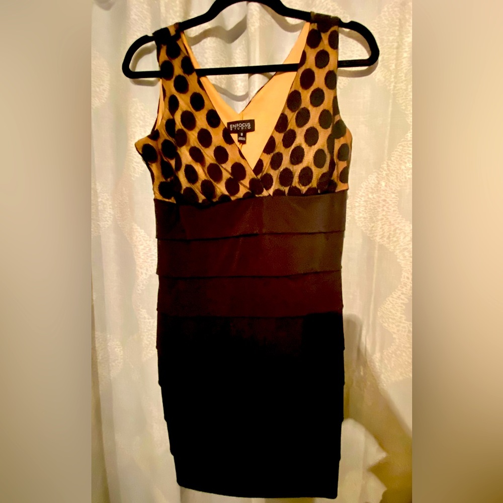 Enfocus black and polka-dotted cocktail dress. Size 8.